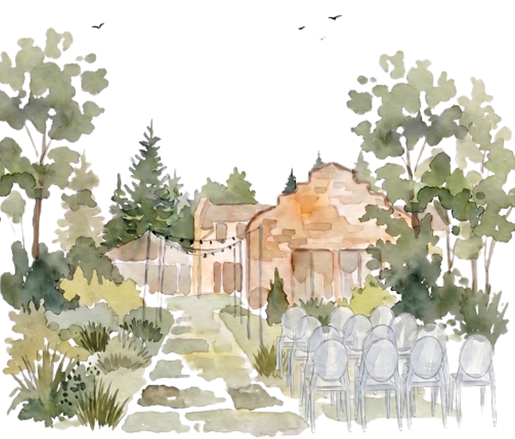 Watercolor venue with garden ceremony chairs