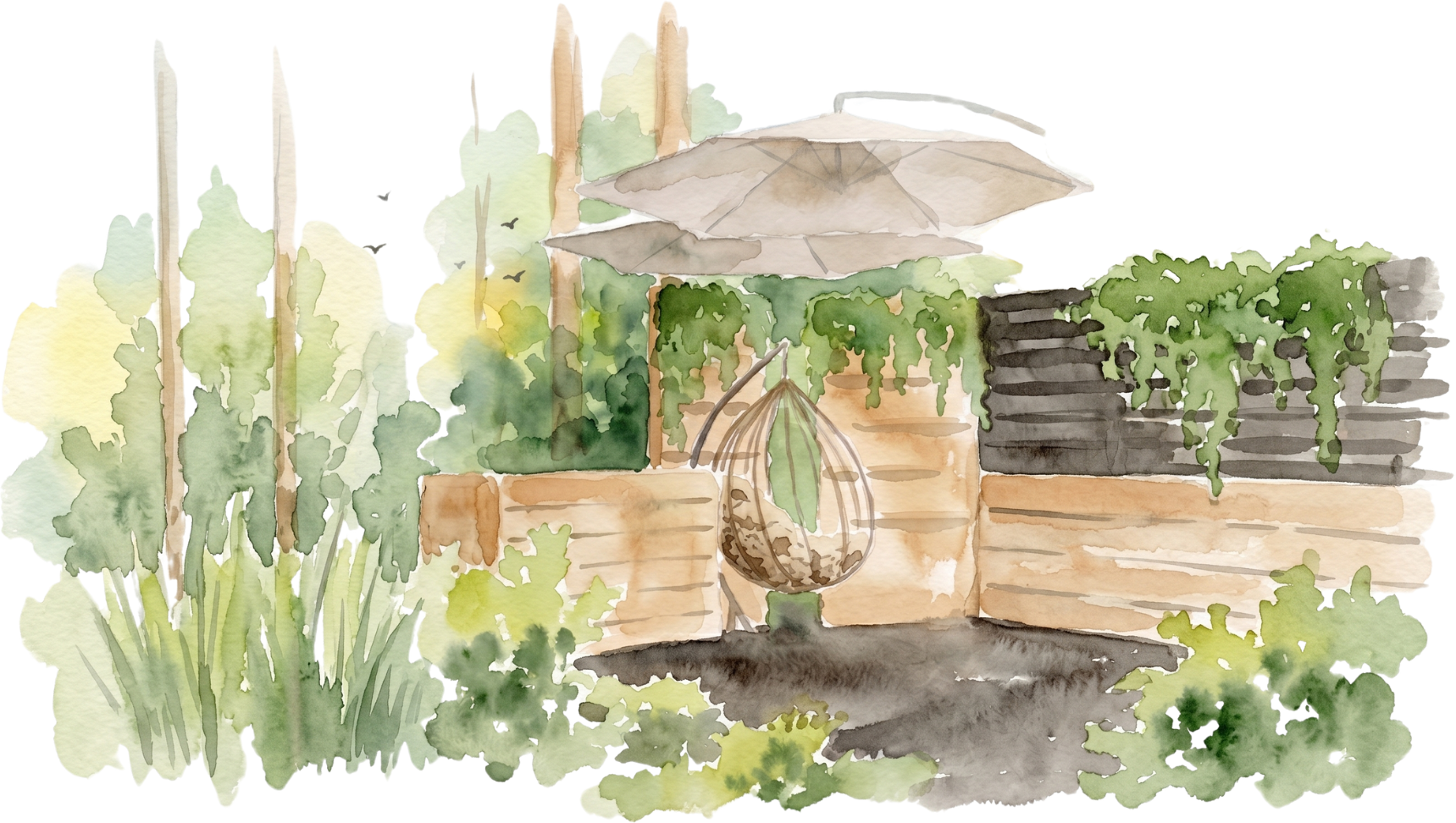Watercolor garden lounge illustration